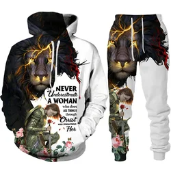 Two Piece Set Christian Bible Faith Jesus God Men's Hoodie/Suit Cool 3D Lion Printed Streetwear Couple Clothes Jogging Tracksuit