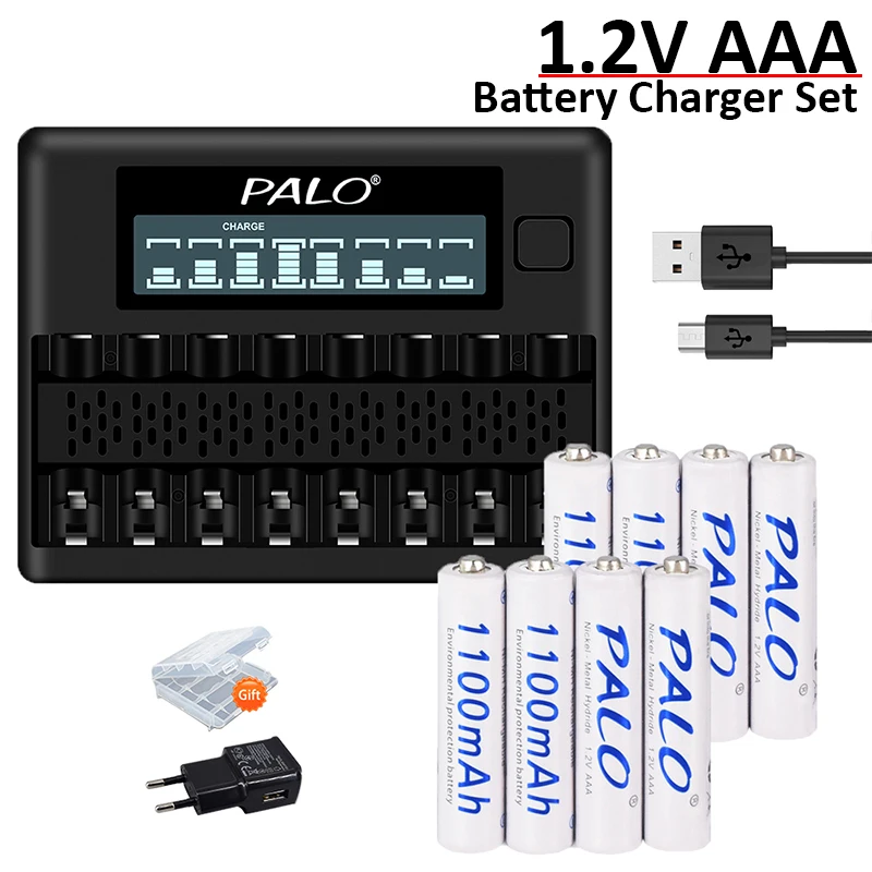 PALO 4–8 Stück 1,2 V AAA NiMH-Akkus mit Ladegerät für AA/AAA NiMH/NiCd-Akkus – 8-Schacht-Ladegerät-Set mit LCD-Display