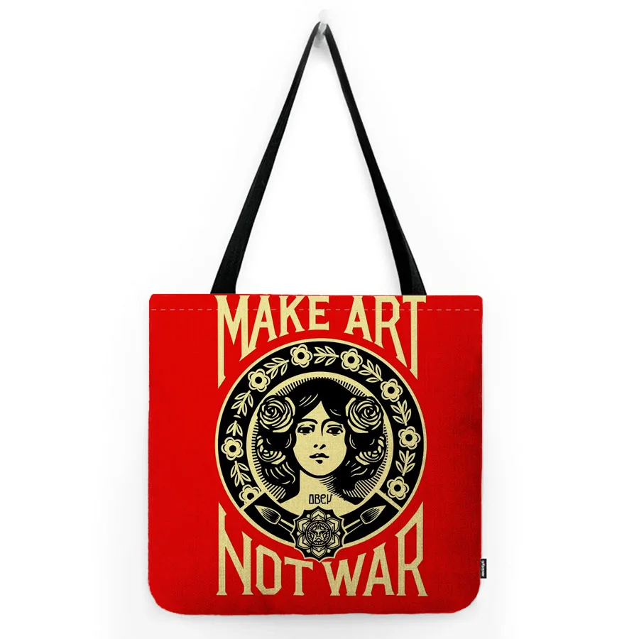 Red Vintage Anti-War Letter Print Make Art Not War Theme World Peace Water Resistant Cotton Linen Shoulder Bag Shopper Tote Bag