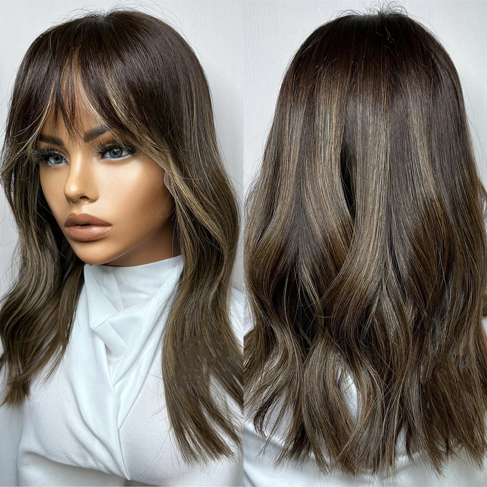 Dark Brown Soft Brunette Highlights Wig Cute Bangs Wig Premium Human Hair Wigs Loose Wave Fringe Hair Glueless Frontal Lace Wig