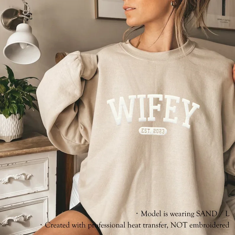 Embossed Wifey Sweatshirt Personalized Crewneck Engagement Gift for Bride Wedding Bridal Gift Custom Newly Bride Jumper