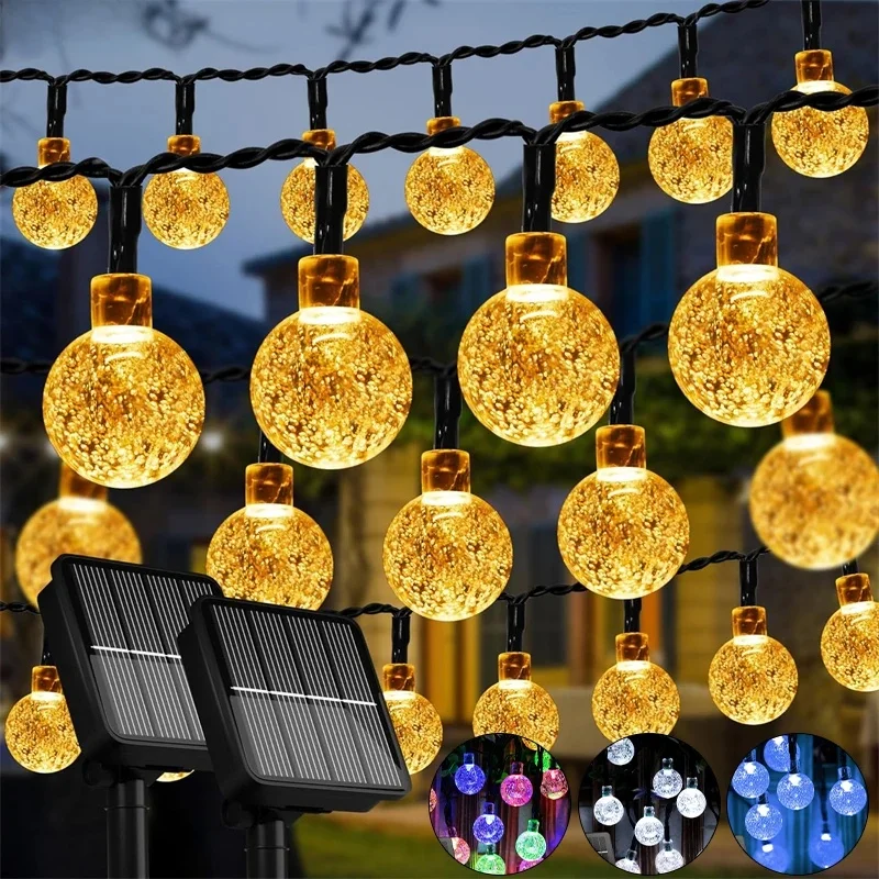 LED Solar String Lights Outdoor 60 Leds Waterproof Crystal Globe Lights with 8 Modes Garden Light for Patio Party Tree Decor