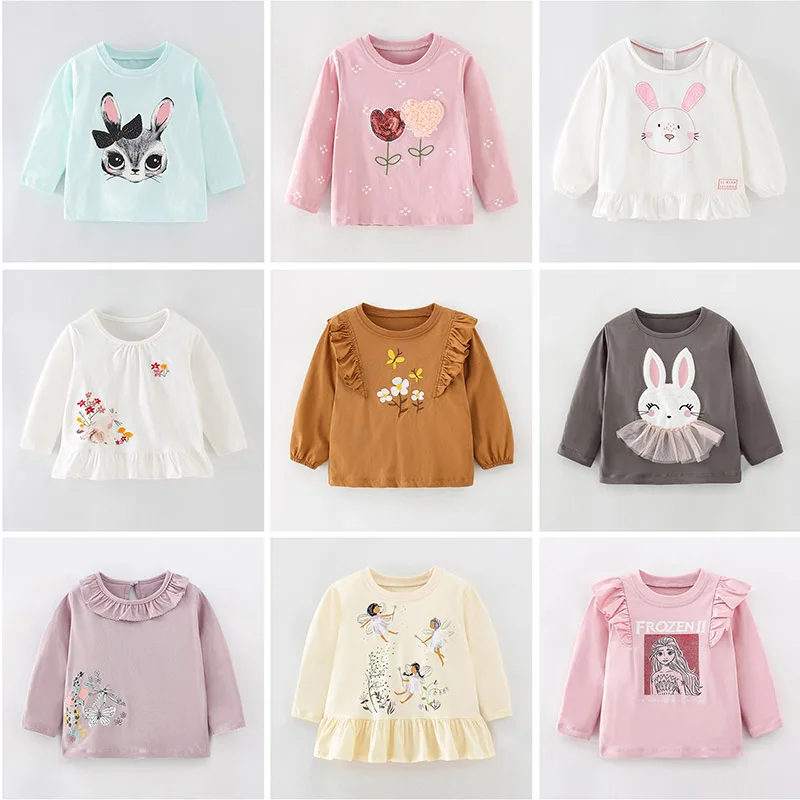 Brand Little Girls Toddler Kids t shirt Long Sleeve t-shirt Tee Tops 100% Cotton Baby Girl Clothes Children Underwear Bunny 1-7Y