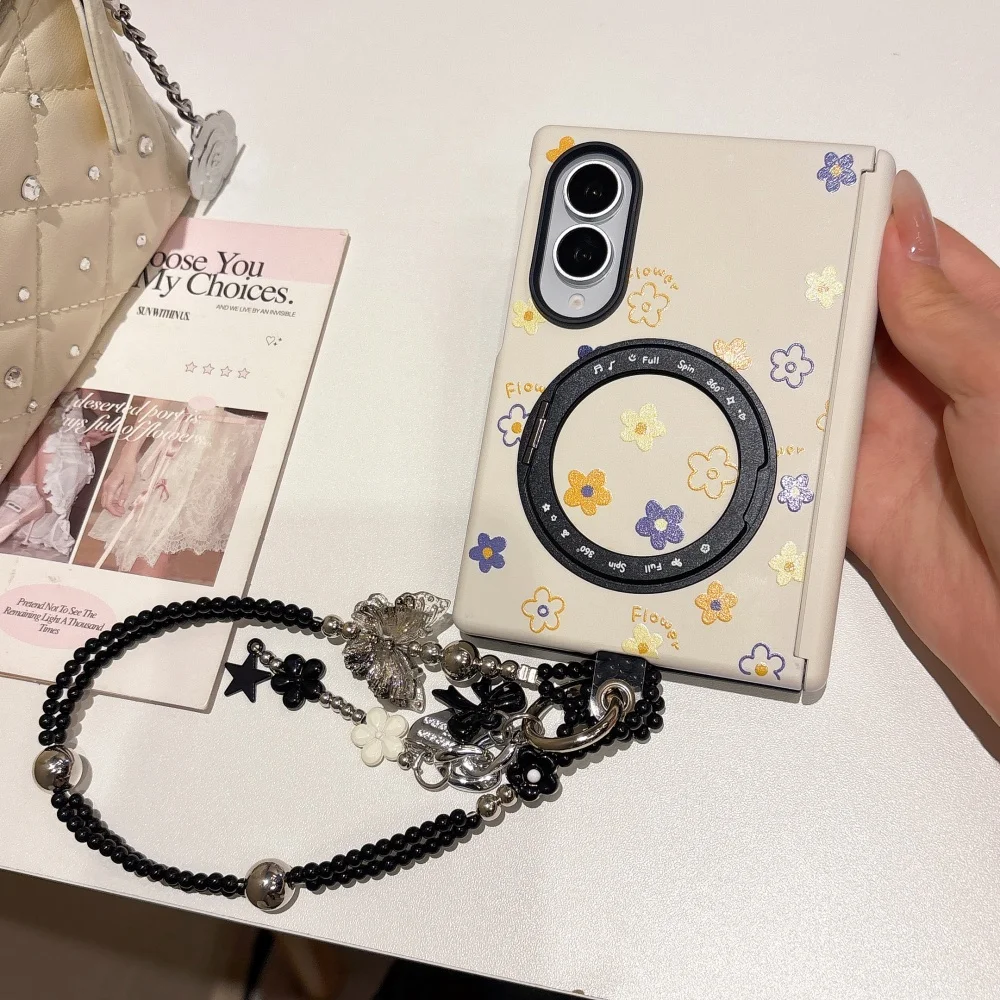Korea Color Flowers Magnetic Phone Case for Samsung Galaxy Z Fold 8 Fold 8 Cover With Stand Chain Case Fashion Shockproof Cover