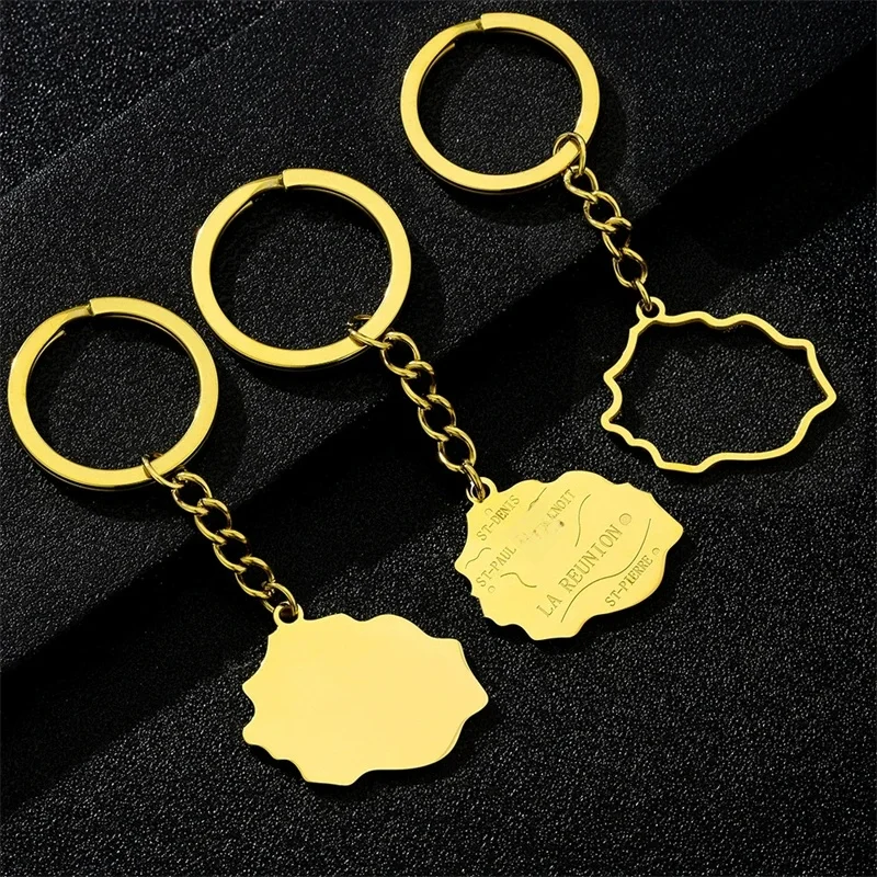 Porte-clés drapeau carte de l'île de la réunion pour hommes et femmes, pendentif en acier inoxydable, couleur or, accessoire amulette de la réunion