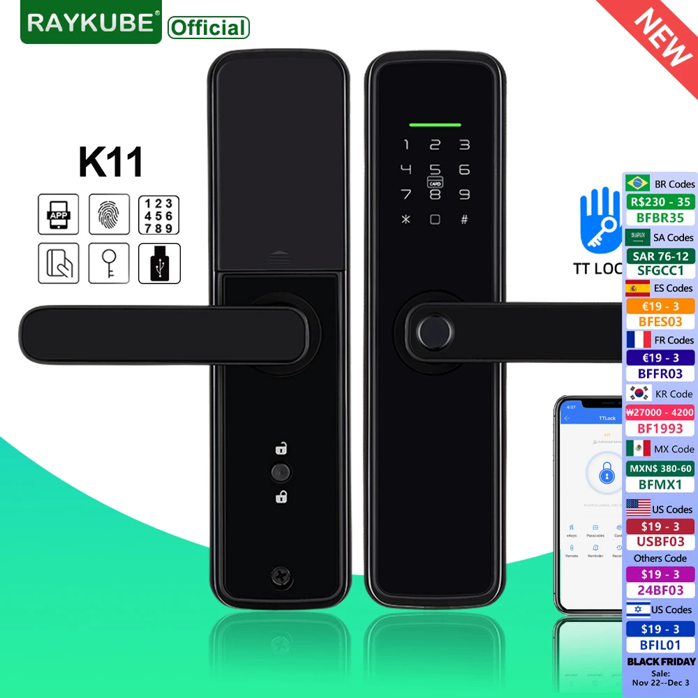 New RAYKUBE K11 TT Lock Bluetooth Biometric Fingerprint Lock Electric Door Lock With Password/Keyless /IC Card/APP Remote Unlock