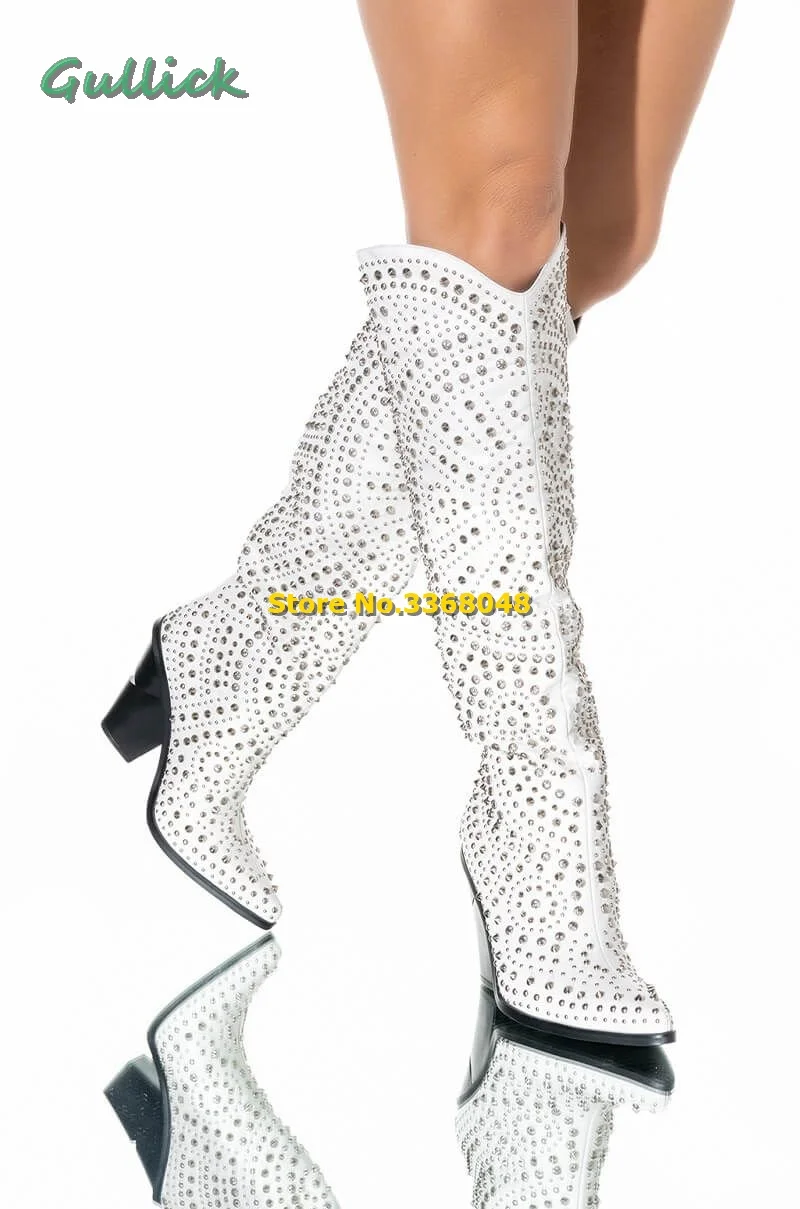 Boot Studded Pointy Toe Block West Chunky Cowboy Heel Knee High Crystal Handmade Winter Boots White Slip On Women Fashion Shoes