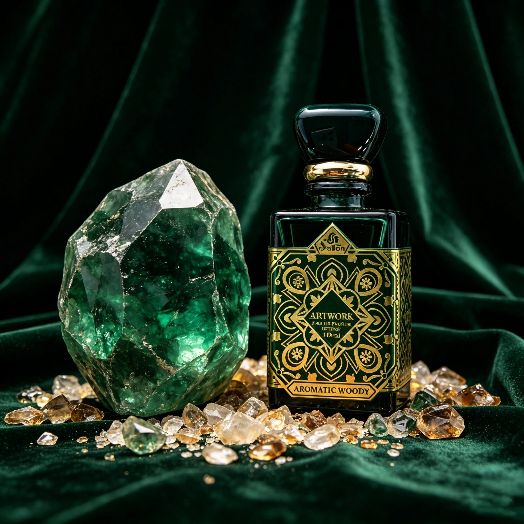 100ml ARTWORK Unisex Aromatic Woody Eau de Parfum, Mixed Wild Berry Floral Forest Wood Long Lasting Fragrance, Vintage Dark Emerald Green Square Glass Bottle with Gold Embossed Oriental Pattern, All Day Wear Neutral Cologne, Luxury Dark Green Velvet Gift - view 6
