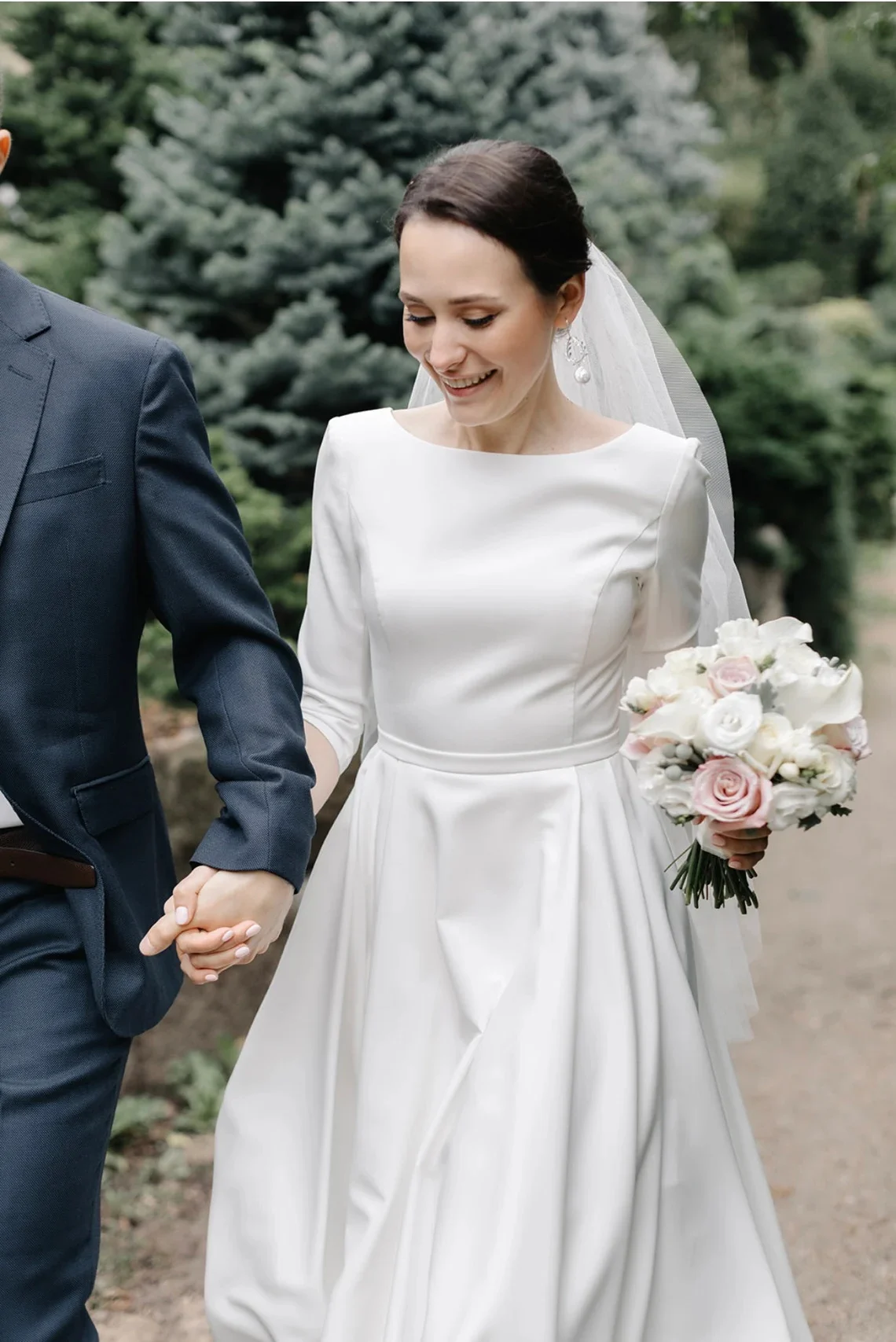 Vestido de novia MIDI de satén con manga larga, prenda elegante con cuello de barco y espalda en V abierta, 13818 #