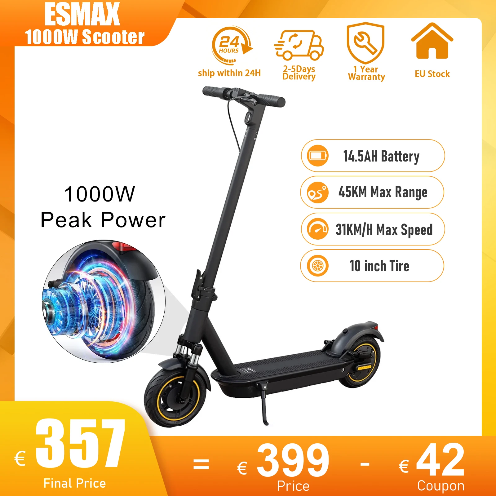 JUICEASE 45KM Scooter Electric 35KM/H 1000W Peak Power Electric Kick Scooter 10 