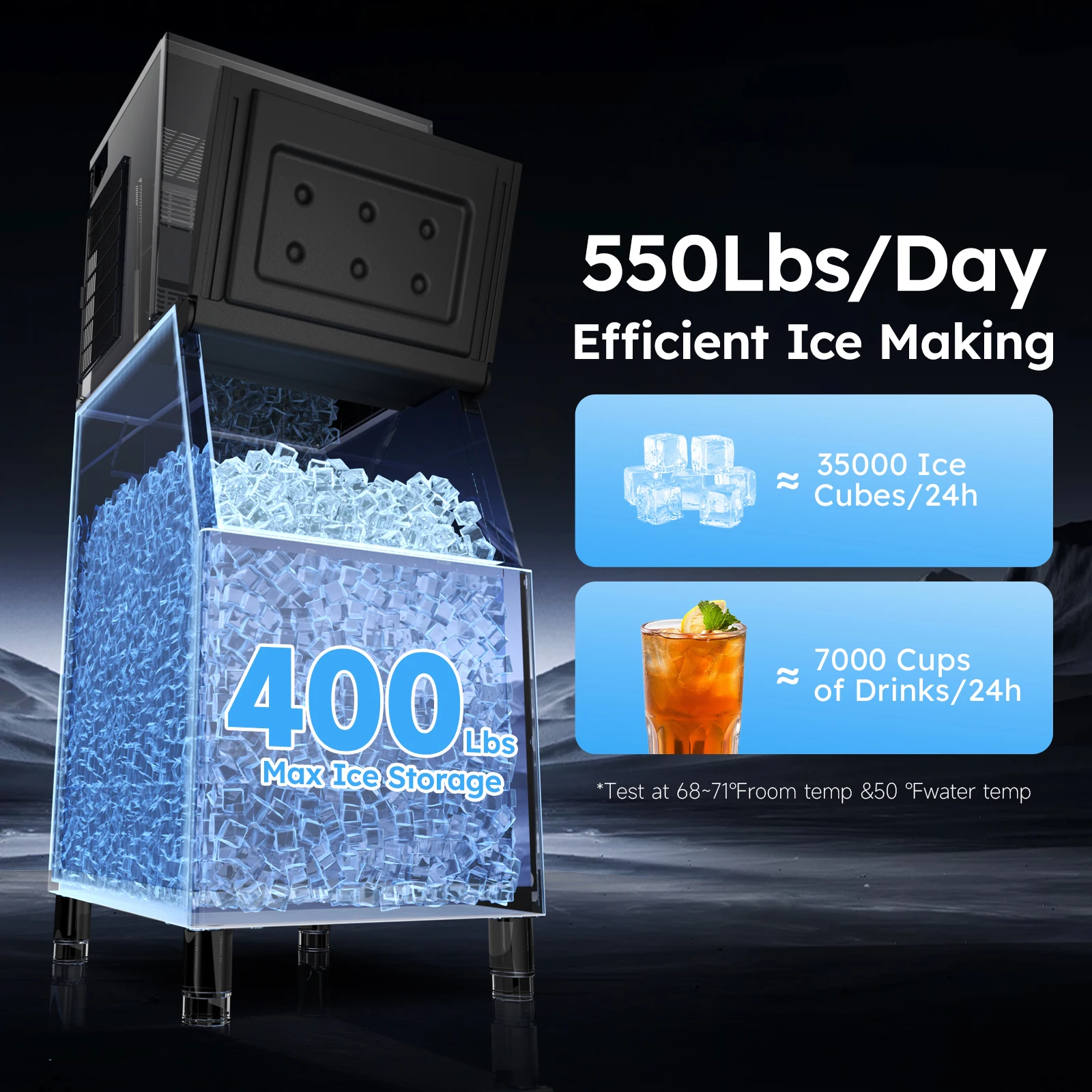 Commercial Ice Machine 550LBS/24H,Storage 400LBS,Large Industrial Ice Maker,Ice Ready in 5-15min,with Self-Cleaning Mode