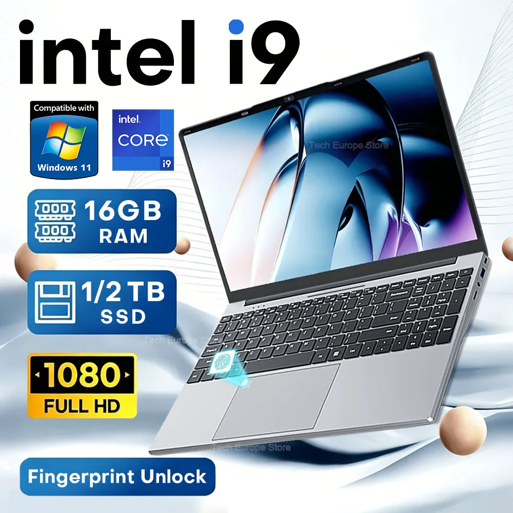 Nuevo portátil i9 de 15.6 pulgadas, Intel Core i9 9900/i3 6100U, pantalla IPS 4K, ordenador para juegos, 16 GB de RAM, 1 TB SSD M.2, Windows 11 Pro, Office, Notebook, PC, desbloqueo por huella