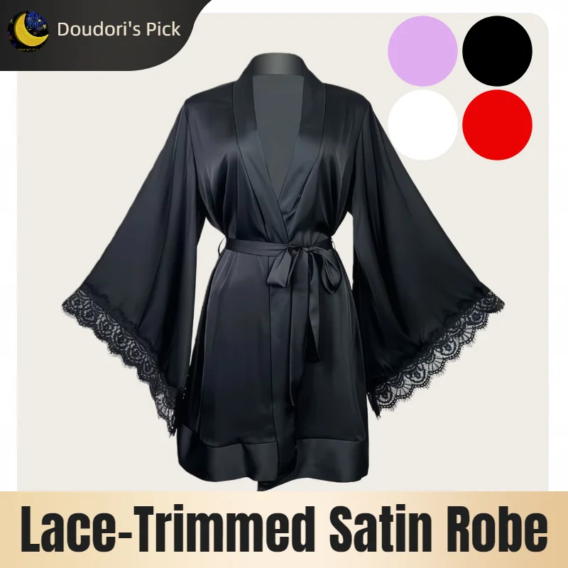 European and American Style Women's High-End Imitation Silk Fabric Loungewear Long-Sleeved Lace-Trimmed Satin Long Nightgown