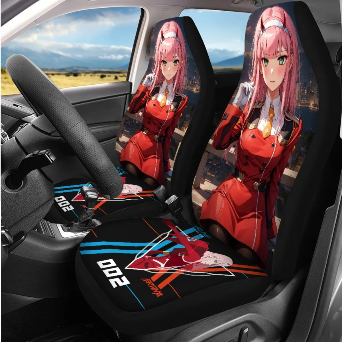 Zero Two Darling in The Franxx Japan Anime Car Seat Covers for Women Trendy Car Front Rear Seat Covers Steering Wheel Cover 2023