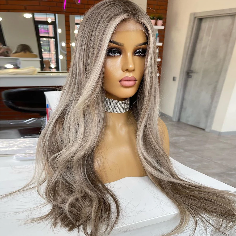 

Virgin Human Hair Full Lace Wigs Ash Blonde Highlights Loose Wave Wig Light Grey HD 13x6 Lace Front Wig Preplucked Roots 180%