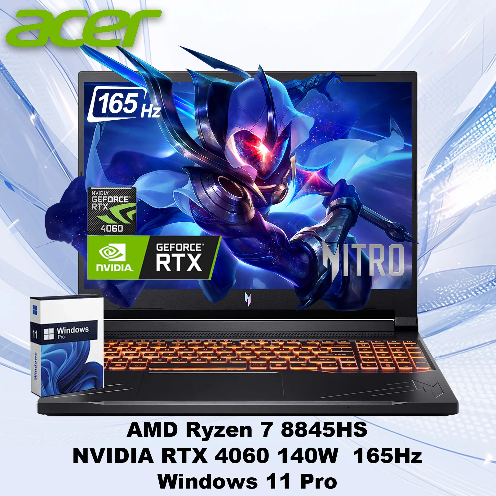 Acer-ordenador portátil para videojuegos, Laptop de 16 pulgadas con procesador AMD Ryzen 7 8845HS, RTX 4060 140W, hasta 32GB de RAM DDR5, retroiluminado KB,Windows 11 Pro, modelo Nitro V