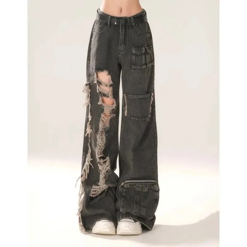 Czarne jeansy damskie z wysokim stanem w stylu hip-hopowym Moda Vintage Streetwear Y2K Spodnie jeansowe z szeroką nogawką Baggy Denim Pants — zdjęcie 2