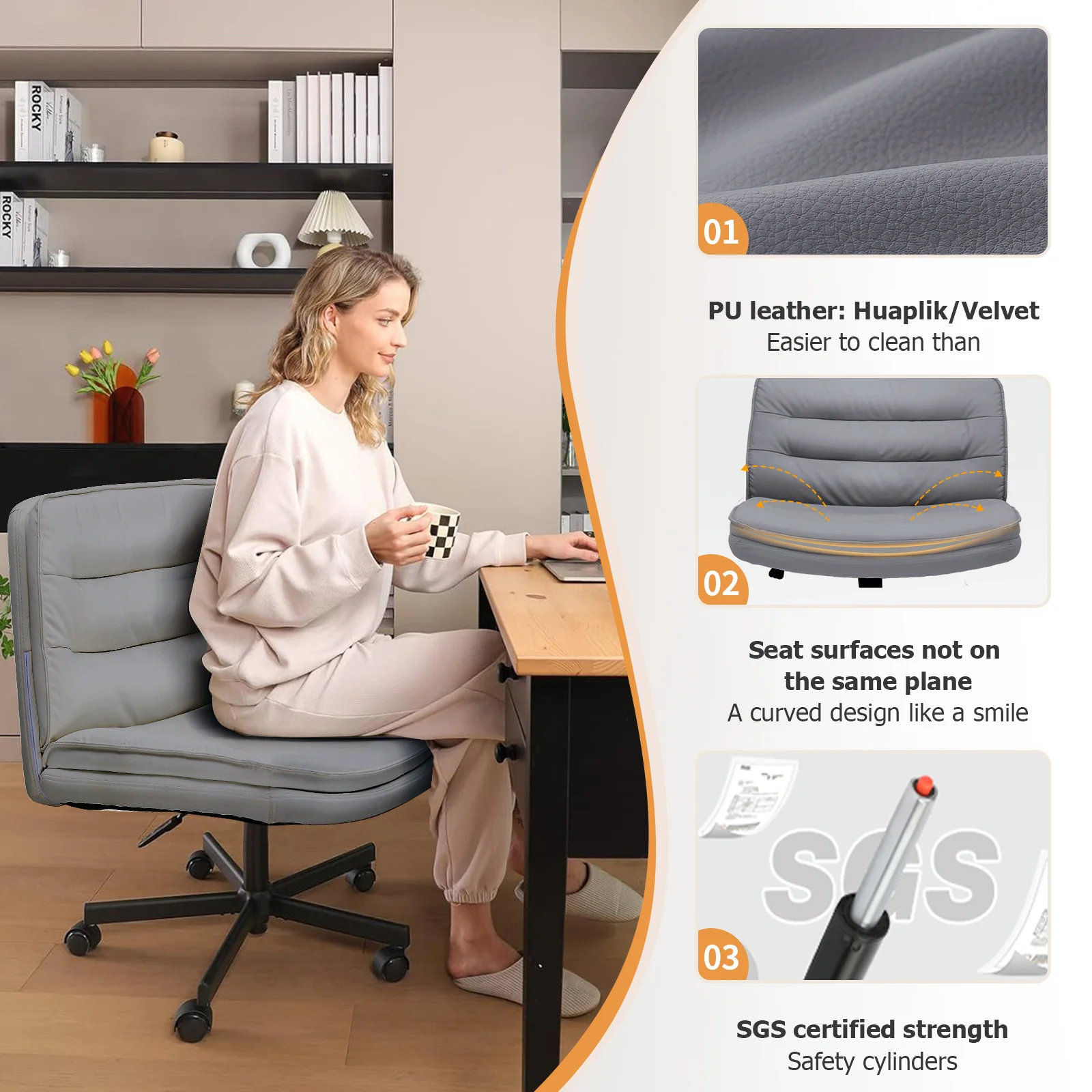 كرسي متقاطع بعجلات، كرسي مكتب PU مع مقعد كبير، دعم خلفي وارتفاع قابل للتعديل للاستخدام المنزلي