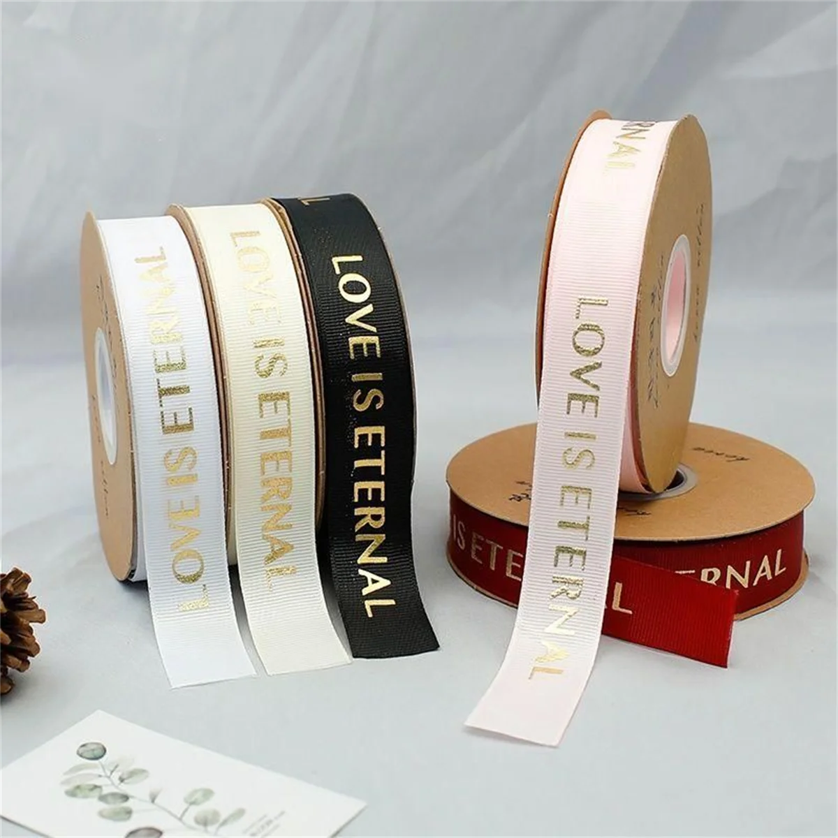 1cm/2.5cm 50Yard LOVE IS ETERNAL Gold Ribbed Silk Ribbon Bouquet Packaging Ribbon Cake Baking Packing Rope For Gifts Craft