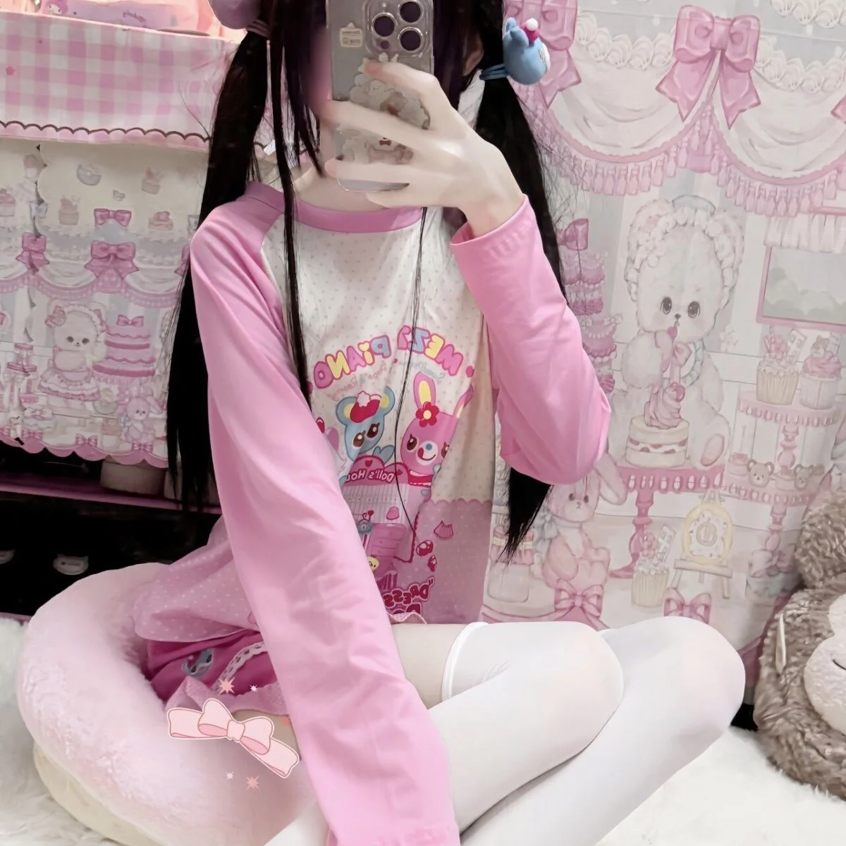 Japanisches Kawaii süßes Langarm-T-Shirt mit Vintage-Cartoon-Print, O-Ausschnitt, lässiges Oberteil, Streetwear, All-Match-Y2k-Ästhetik-T-Shirts – Detail 3
