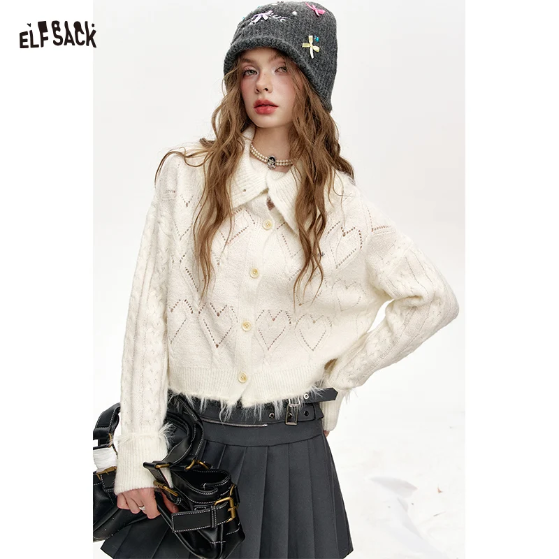 

ELFSACK 2024 Winter New Arrivals Lapel Heart Hollow White Knit Short Cardigan Women