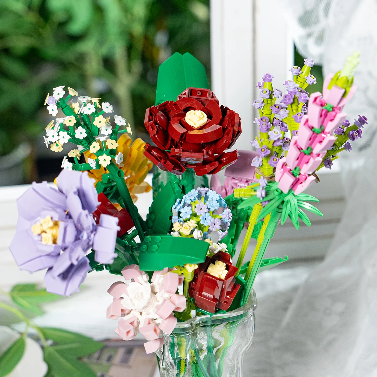 مكعبات بناء زهرة الورد ثلاثية الأبعاد نموذج باقة الطوب هدية ديكور المنزل لعبة عيد ميلاد الأطفال مع صندوق هدية عيد الأم