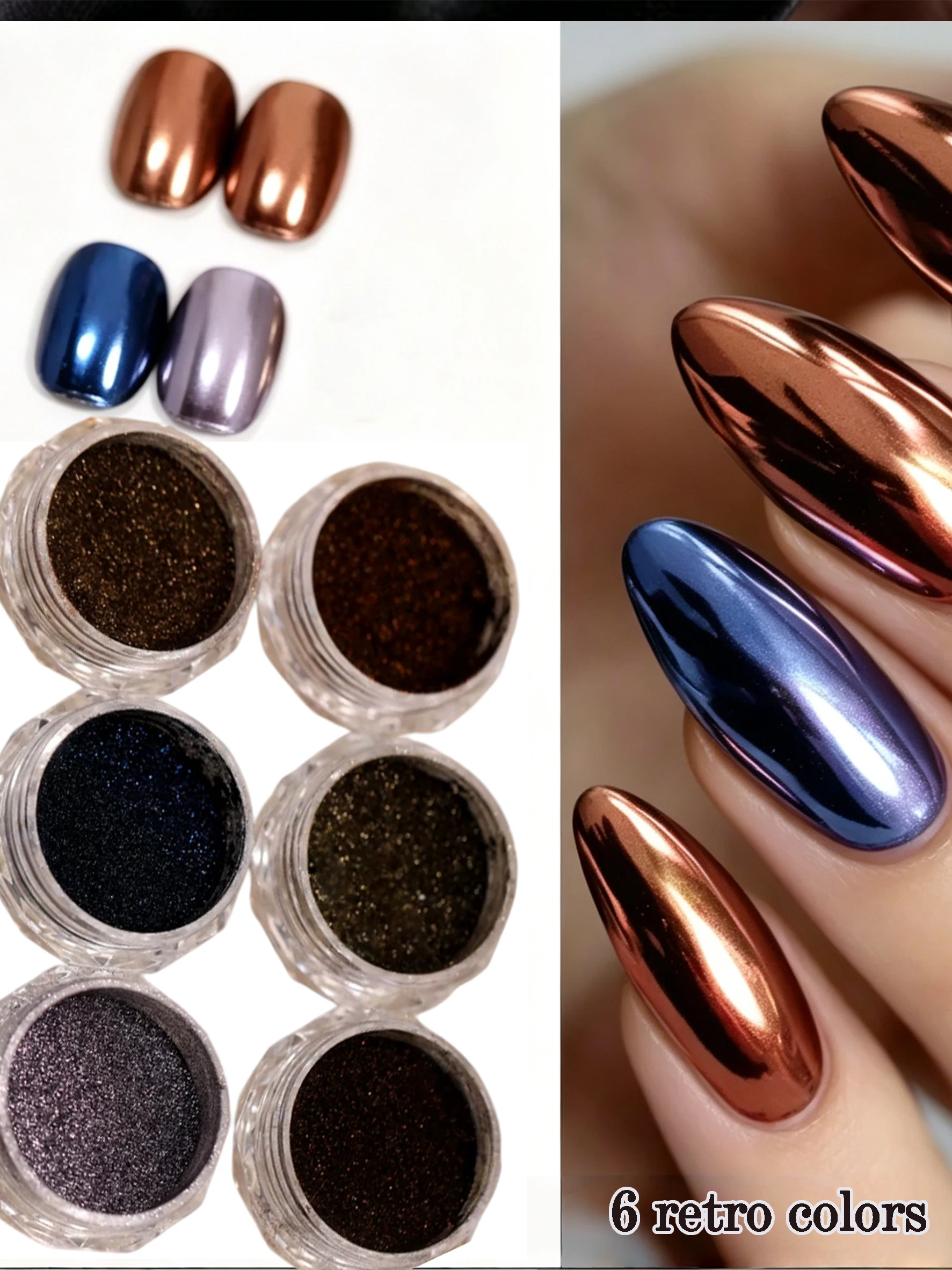 1/6 Stück Premium-Spiegelpuder, Spiegeleffekt brauner Nagellack, Vintage-Serie Spiegelchrom-Puder/Glitzer-Verzierung/Tita