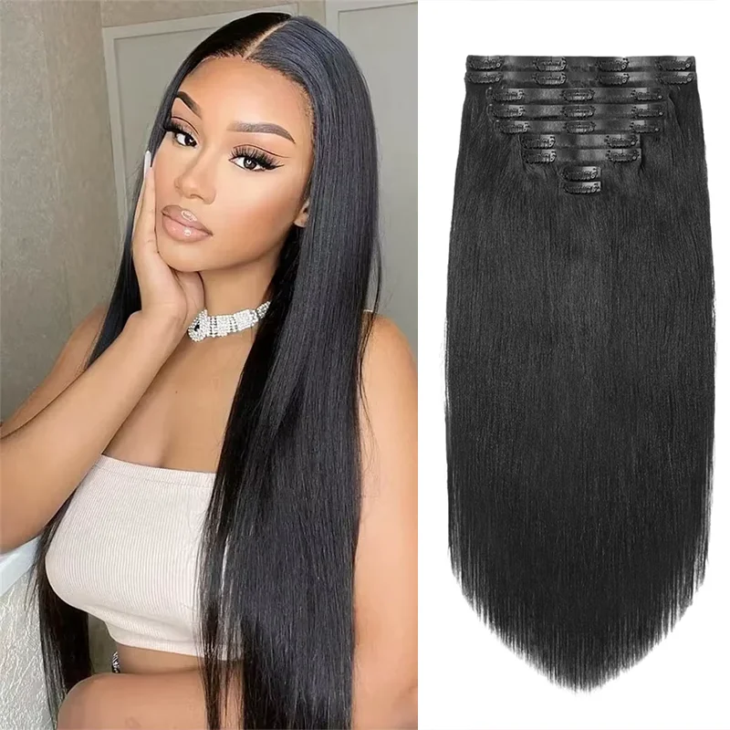 Clip dritta in PU nell'estensione dei capelli Colore nero naturale Clip di Remy brasiliana Ins Estensioni dei capelli umani al 100% 120G 9 pezzi Capelli veri