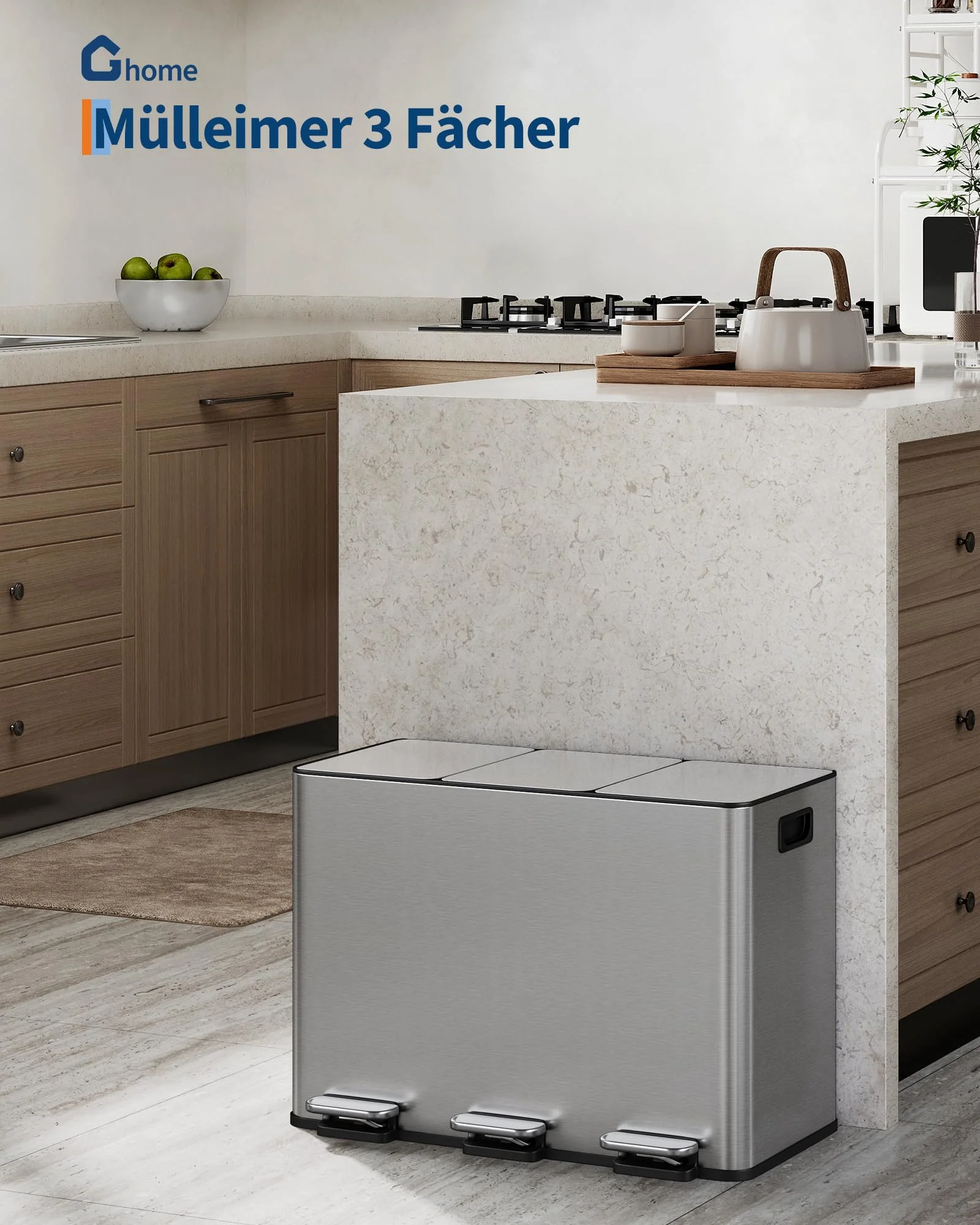 GaveeHome Mülleimer mit 3 Fächern – 3x15L Edelstahl mit Pedal, Mülltrennung für Küche mit seitlichem Griff und gedämpftem Deckel (Farbe: Edelstahl, 3x15L)