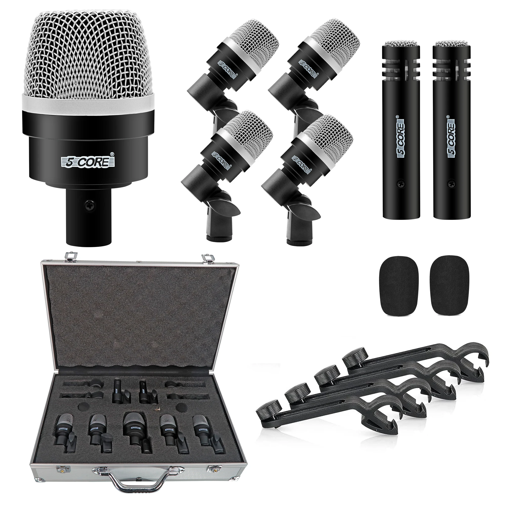 

5 Core Drum Mic Kit 7 Pcs Kick BassTom Snare Dynamic Microphone Instrument Mics Set Black DM 7ACC BLK