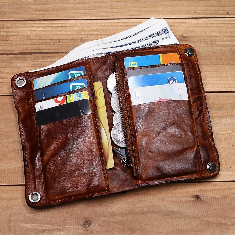 100% prawdziwej skóry portfel dla mężczyzn Vintage pomarszczona krótka Bifold męska torebka etui na karty kredytowe z zamkiem błyskawicznym kieszonka na monety saszetka na pieniądze — zdjęcie 2