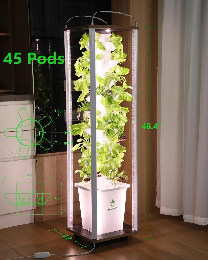 45 Pods Hydroponics Tower Growing System 360 Full Spectrum Lights Vertical Indoor Garden Auto Water Circulation Seed Tray Kit