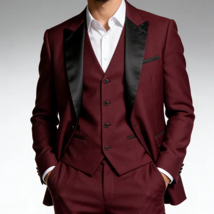 

Men's Slim Fit 3 Piece Burgundy Tuxedo Suit Groom Wedding Wool Blend Formal Prom Party Suit for Men with Peak Lapel Vest Pants