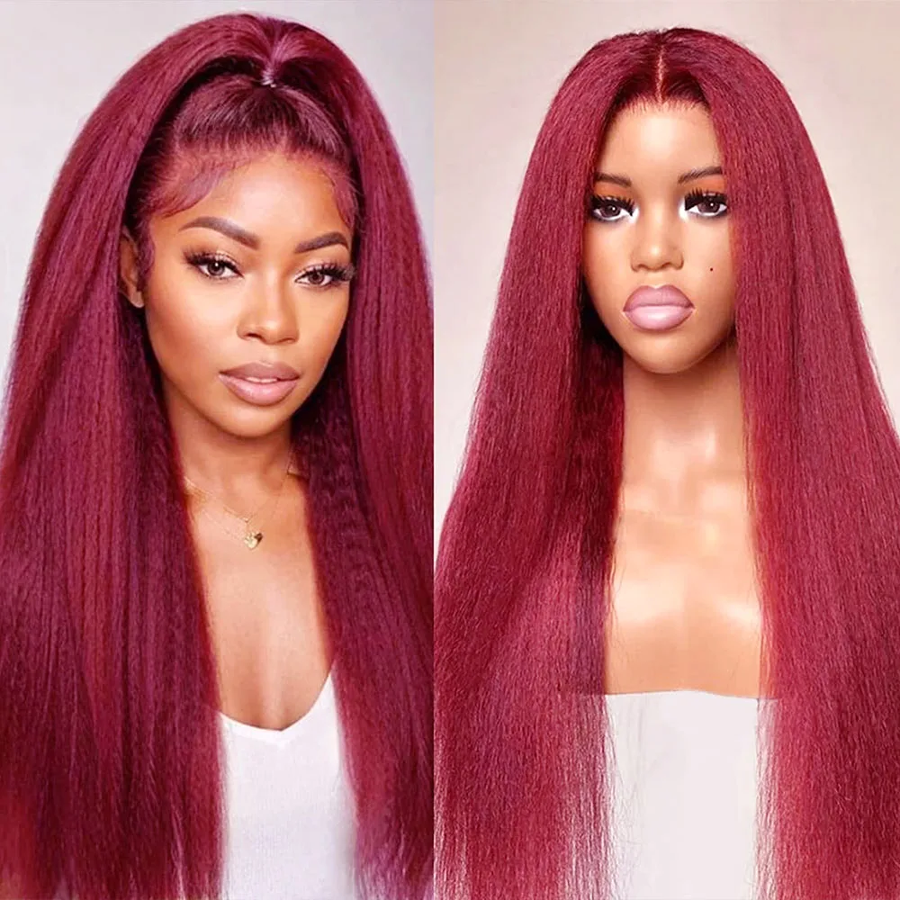 Perruque Full HD Lace Front Wig sans colle naturelle, cheveux crépus lisses, couleur rouge bordeaux 99J, densité 250, 30 pouces, 360