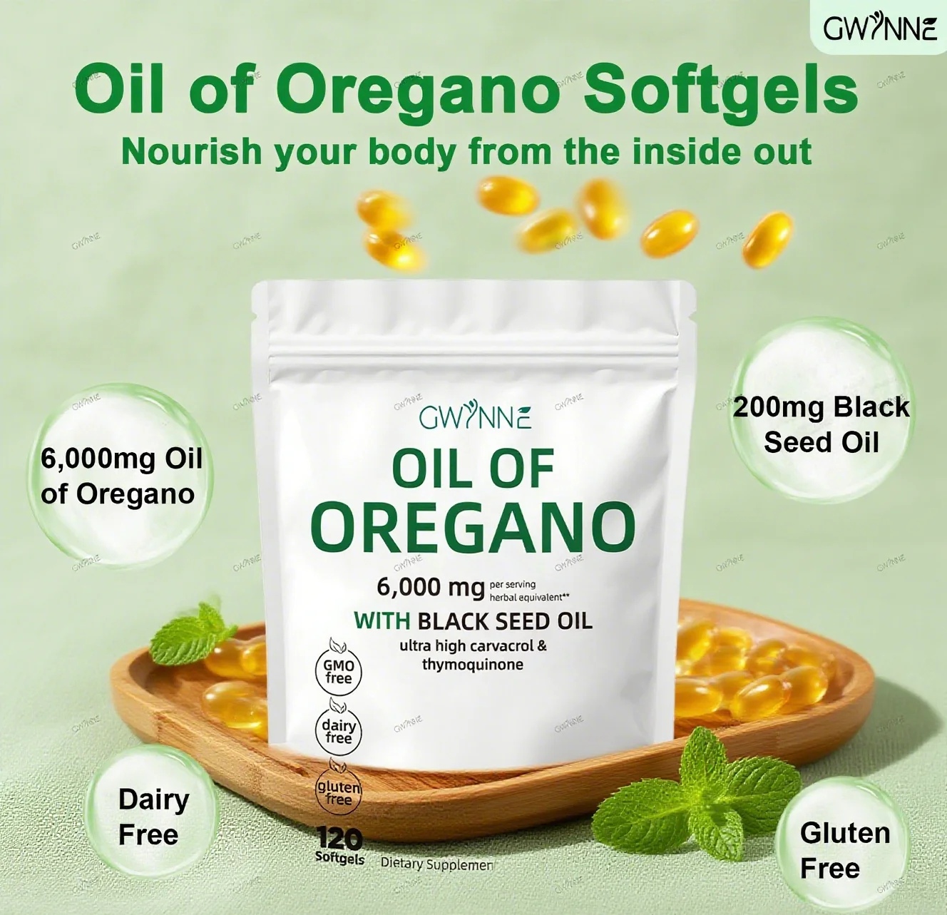 Gwynne Micro Ingredients Oregano زيت كبسولة ناعم 6000 ملجم لكل تخدم 120 كبسولة زيت البذور السوداء المدمج