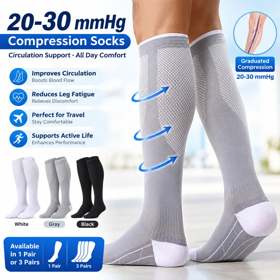 3/1 Pairs 20-30mmHg Compression Socks, Circulation Support Calf High Stockings, Athletic Elastic Pressure Socks for Running Yoga