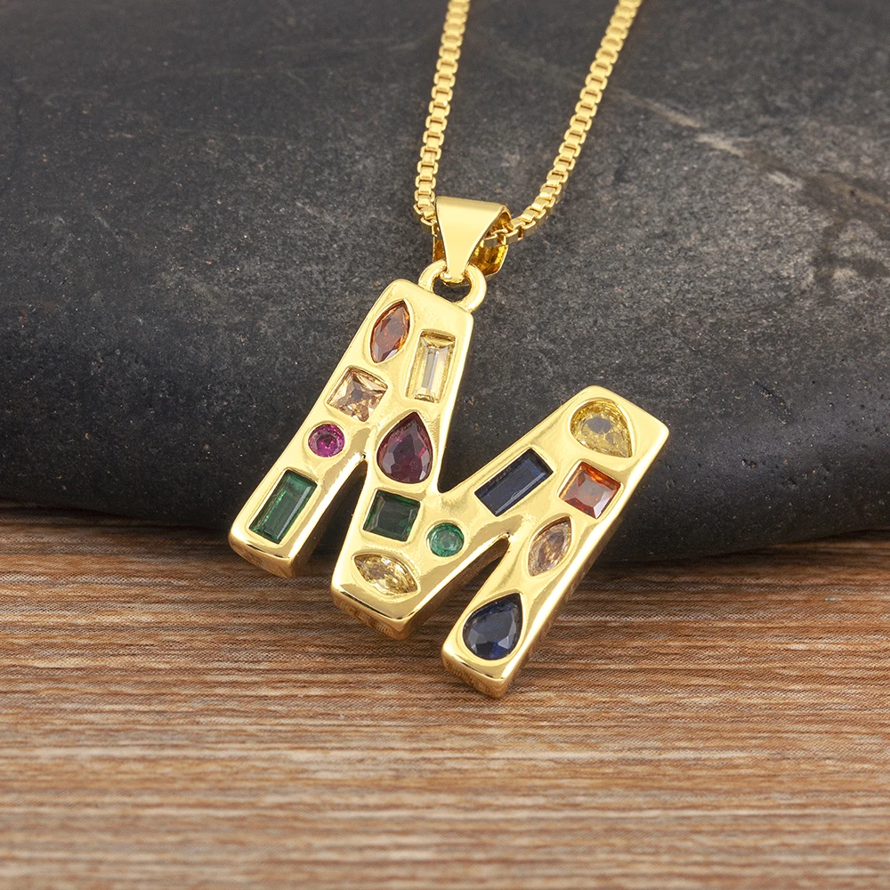 Nidin New Fashion Pave Colorful Zircon A-Z Letters Pendant Necklace Initials Alphabet For Women Name Clavicle Chain Jewelry Gift