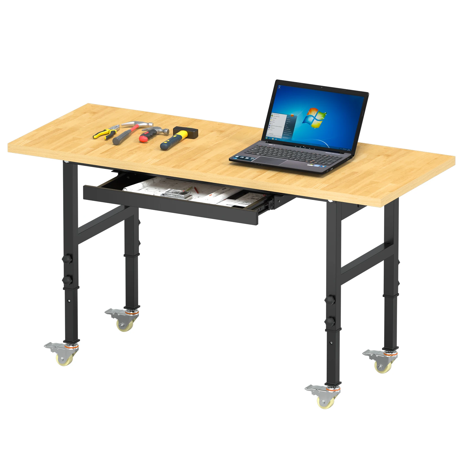 

60" Adjustable Workbench, Work Bench Table with Power Outlet, Metal Tool Bench Work Bench for Garage