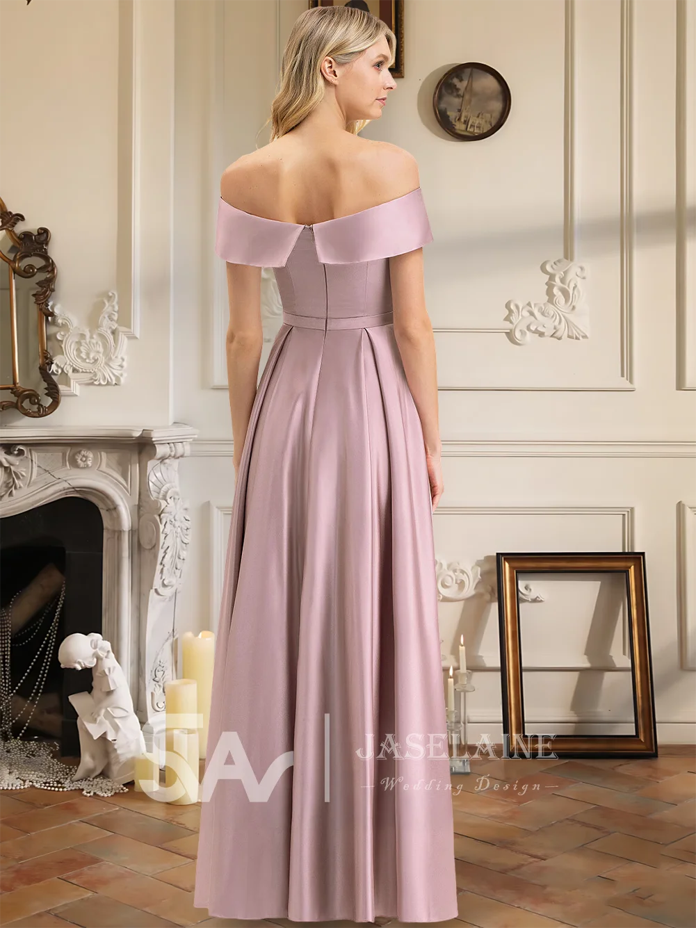 WMP Bridesmaid Dresses 2026 A-Line Off the Shoulder Floor-Length Satin Wedding Guest Evening Party Cocktail Dresses for Women