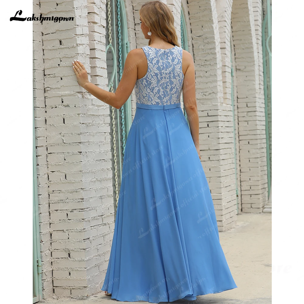 Nieuwe Collectie Blue Lace Bruidsmeisje Jurken Lange Maid Of Honor Jassen Mouwloze O Hals Vestidos Elegantes Para Muje Floor Lengte