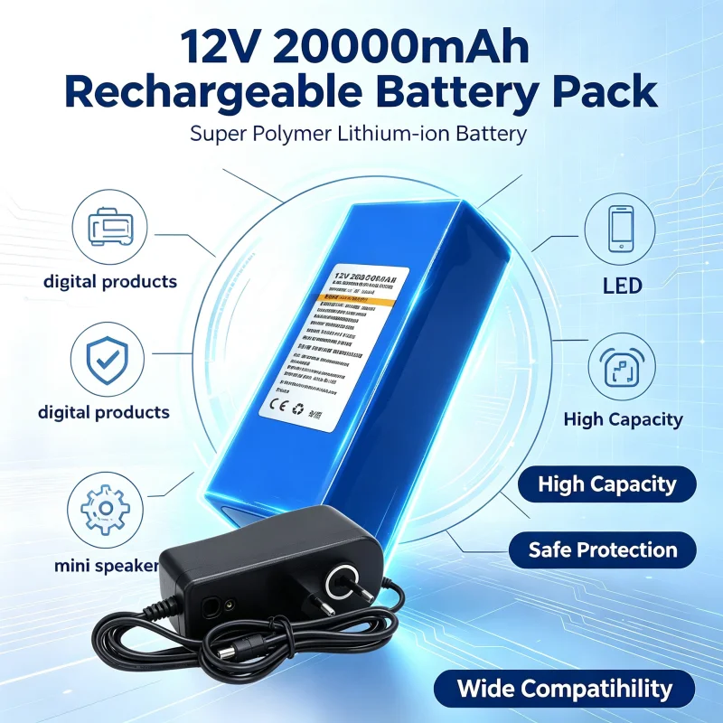 Neue 12V 20000mAh Lithium-Ionen-DC-12V-Superladebatterie + AC-Ladegerät + explosionsgeschützter Schalter, EU-Stecker, geeignet für LED, Displays, Notbeleuchtung, verschiedene Stromversorgungsgeräte