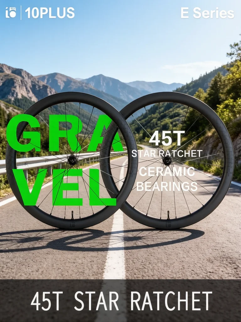 Koła rowerowe 10PLUS serii E, 700C, karbonowe, do jazdy po szlakach, z ceramicznymi łożyskami, hamulce tarczowe, gotowe do opon tubeless, 45T, mechanizm zaciskowy typu Star, centralny system — 2