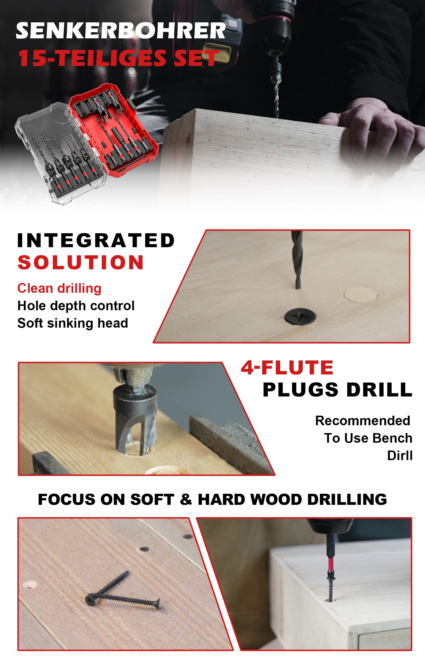 EZARC 15-teiliges Senkbohrer-Set, konische Bohrer für Holz, mit Phillips-Schraubendreher-Bits, Verlängerungsstange – Detail 1