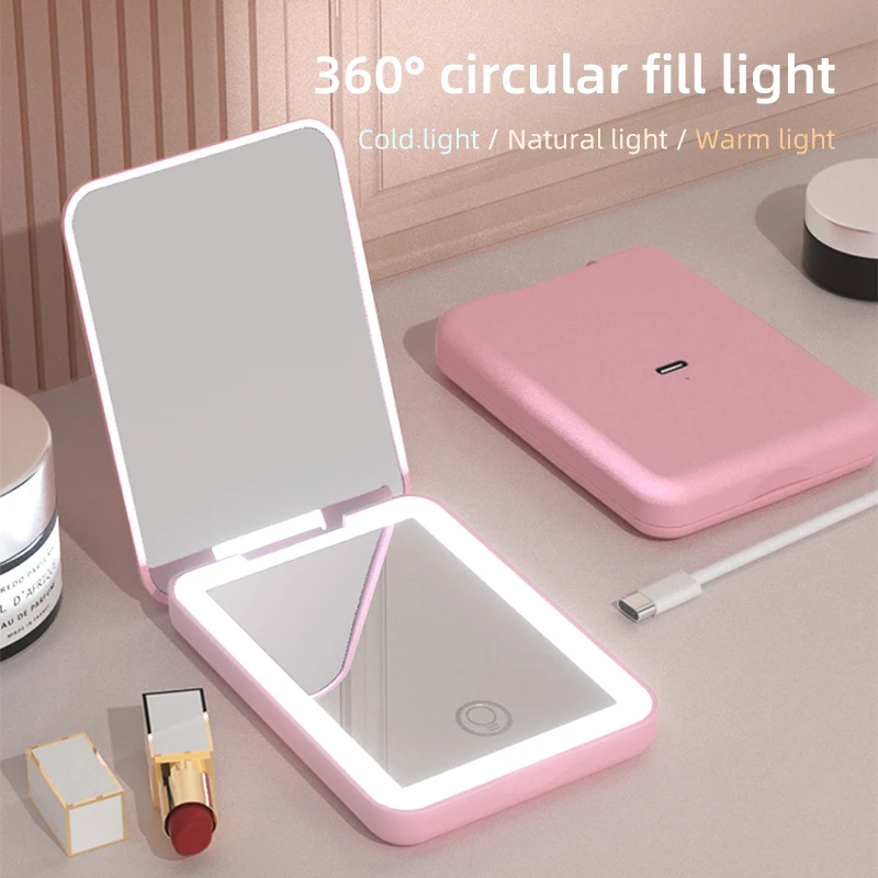 مرآة مكياج LED بزر واحد، مفتاح مغناطيسي ثلاثي الألوان، مرآة محمولة قابلة للطي، مرآة مكياج، مرآة زينة