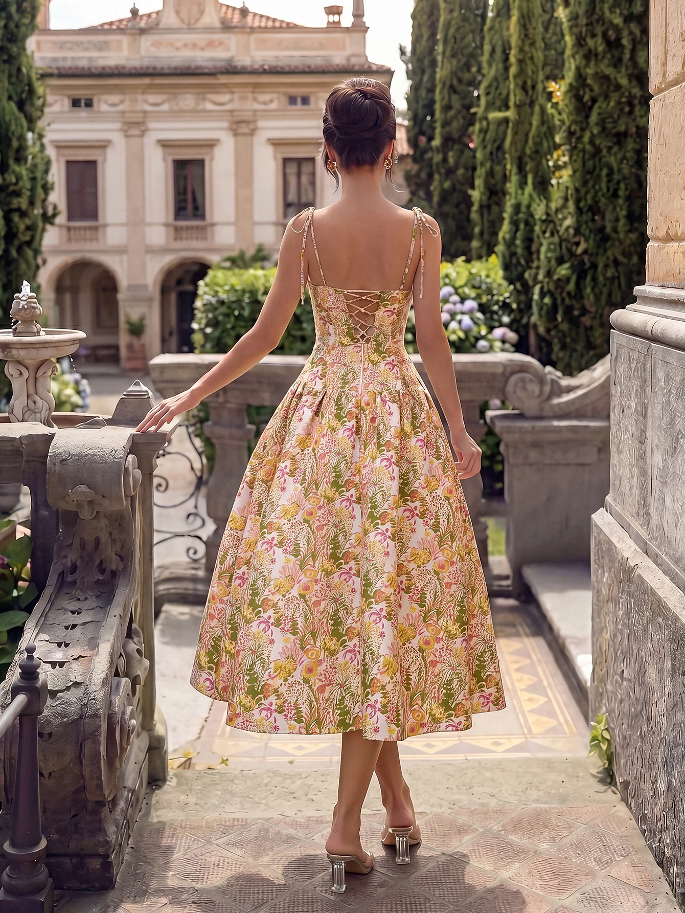 AdyceElegant printed open back lace up A-line mid length party dress suitable for dances birthdays parties guests formal dinners
