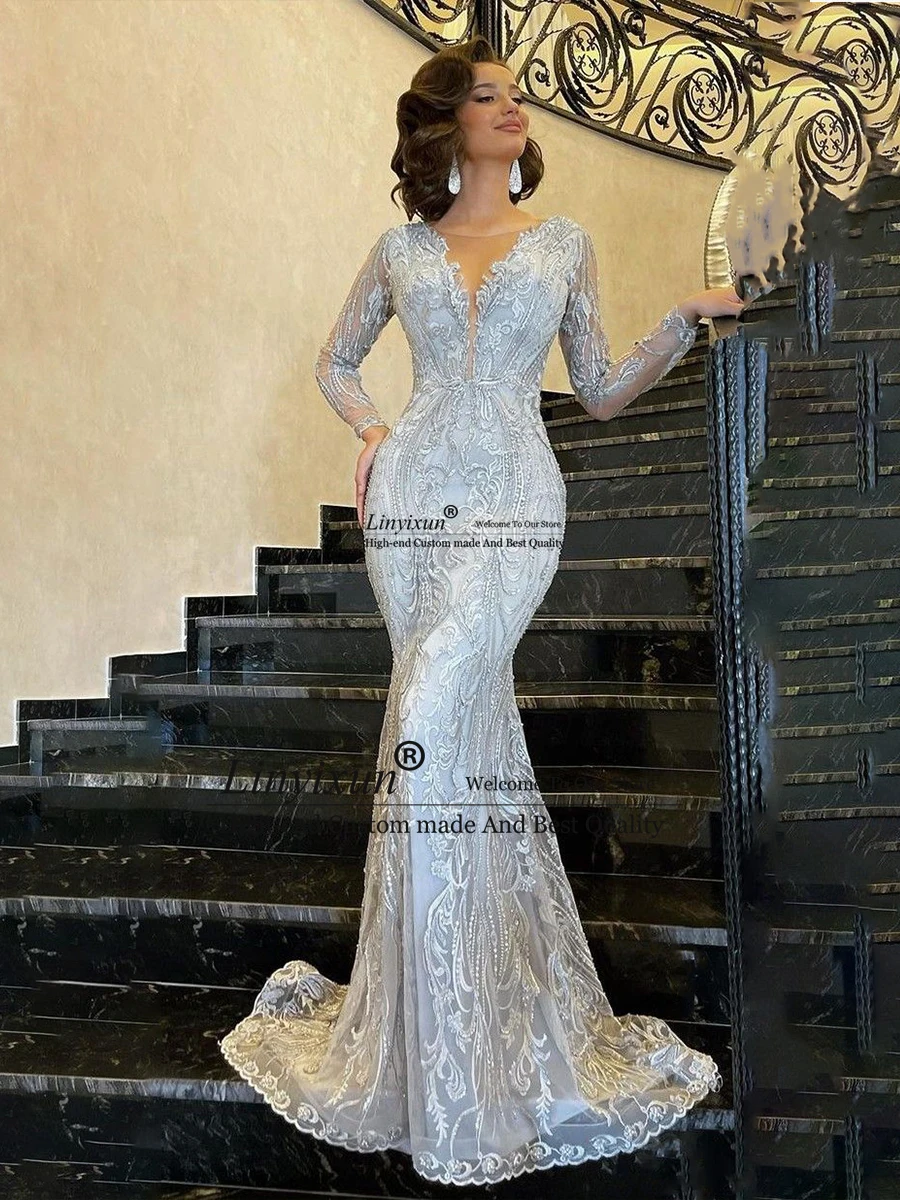 Exquisite Lace Evening Dress For Women Small V Neck Long Sleeves Slim Mermaid Prom Dresses Sweep Train Vestidos De Noche Custom