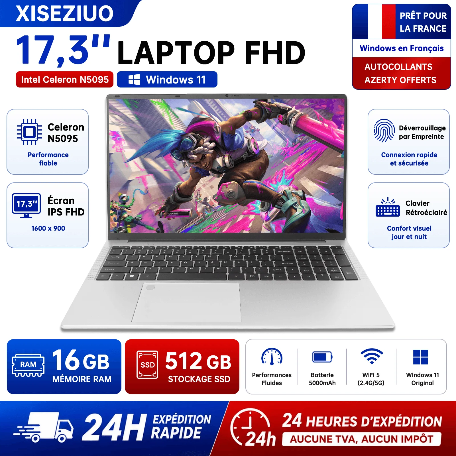 PC Portable 17.3 Pouces Intel N5095 16Go RAM 512Go SSD Windows 11 Ordinateur Portable Écran IPS Full HD Clavier Français AZERTY Offert Clavier Rétroéc