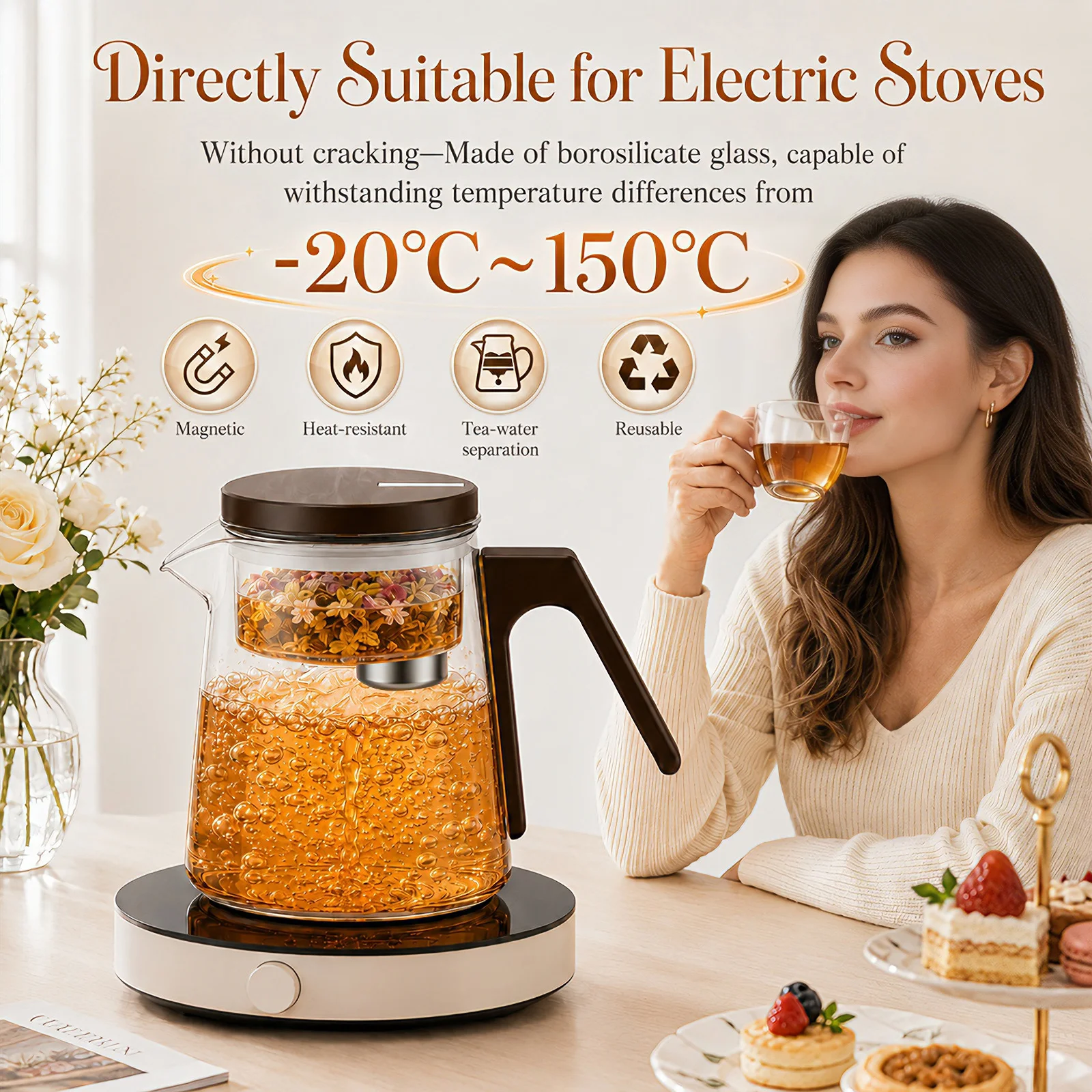 Teiera in vetro resistente al calore, ideale per tè in foglie, con coperchio magnetico e manico in legno di noce, teiera in vetro con filtro, un regalo perfetto per la casa e l’ufficio.