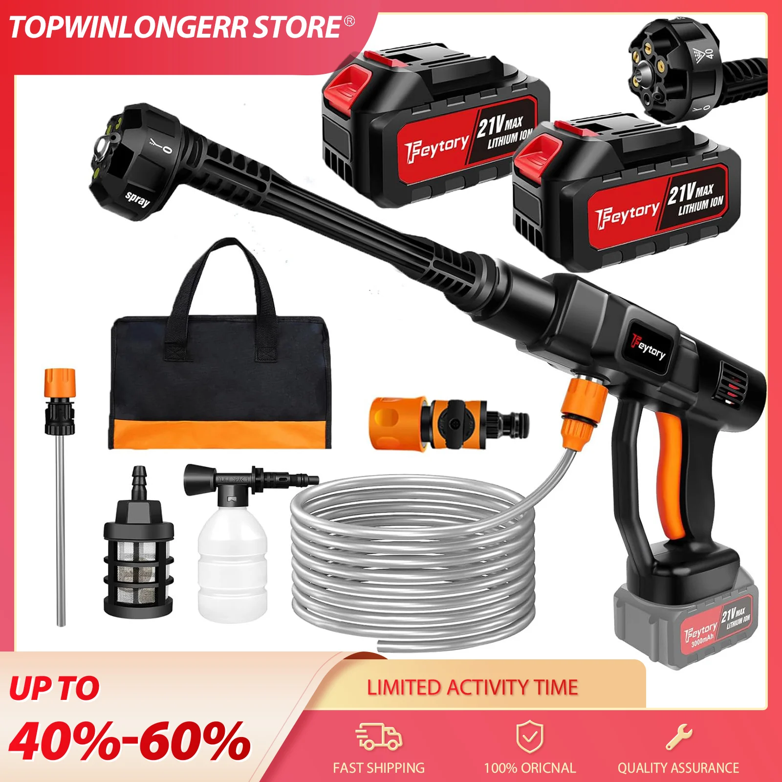 6-in-1 21V 3000W 300 Bar/3000 PSI Kabelloser Elektrischer Hochdruckreiniger Wasserpistole Auto-Strahlreiniger für Auto/Boden/Garten