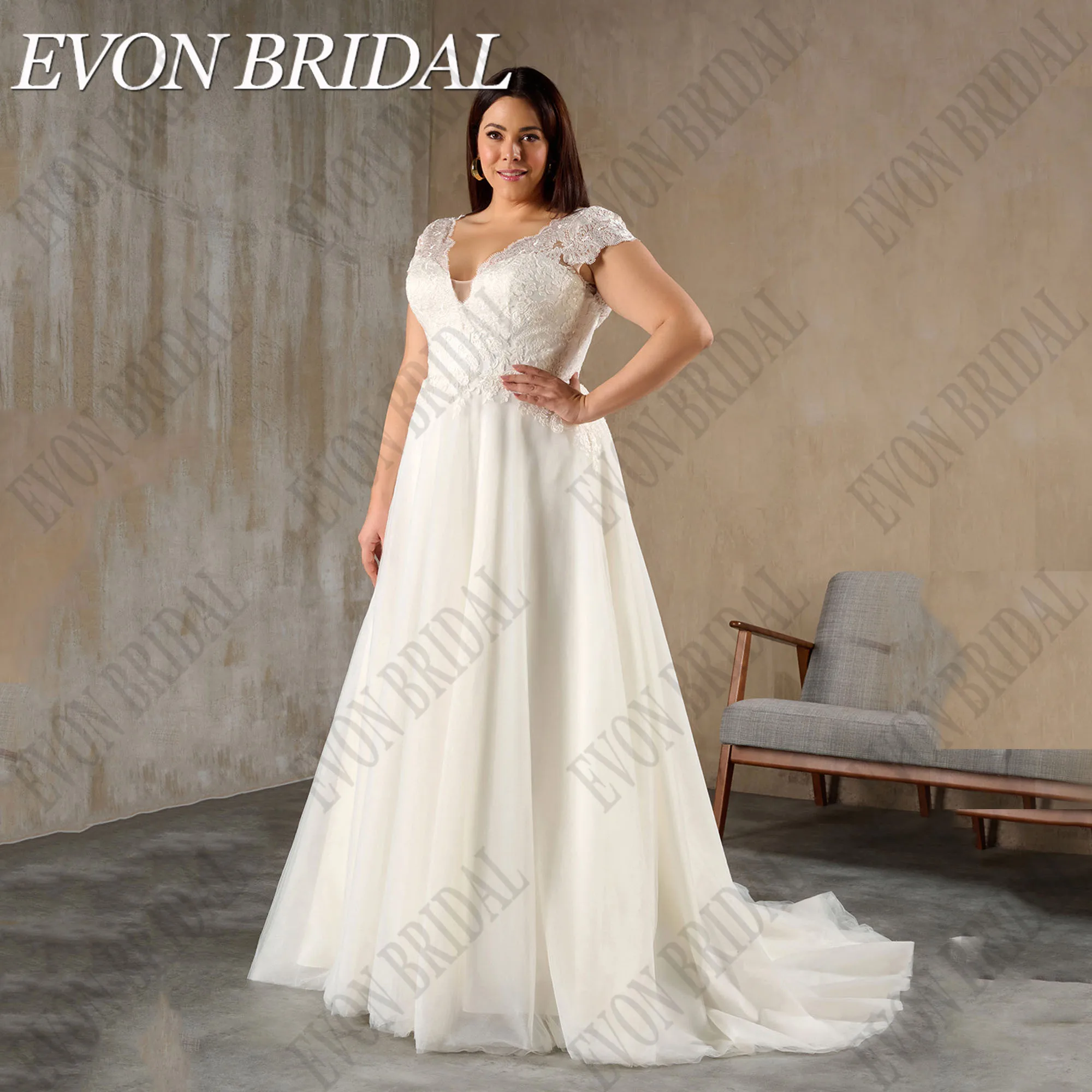 

EVON BRIDAL Customized Plus Size Wedding Dress 2025 Bride Cap Sleeve V Neck Applique Sweep Train Lace Bridal Gown Robe Mariee